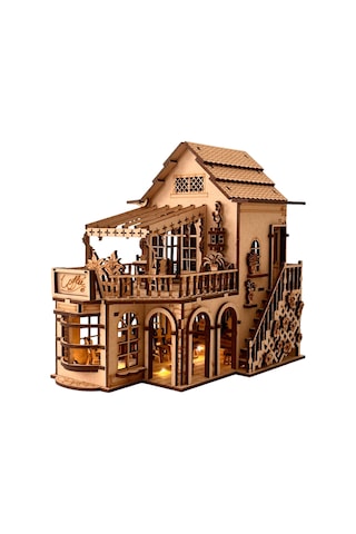 Işıklı Detaylı Kahve Dükkanı Diorama Maketi Ahşap Hobi Seti