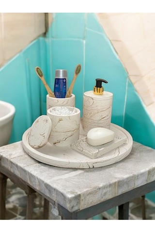 5'lı Bej Mermer Desen Beton Banyo Seti,sıvı Sabunluk Diş Fırçalığı Beton Takım,tepsi,pamukluk Bej