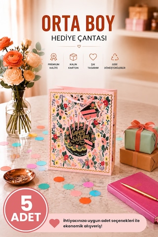 5 Adet 23 X 18 X 10 Cm - Doğum Günü Pastalı Çiçek Desenli Orta Boy Karton Hediye Çantası 3+