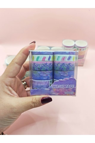 Vintage Washi Tape Bant Baskılı Yapışkanlı Maskeleme Kağıdı 45e Desenli Bant 10'lu - Mor Göl 1