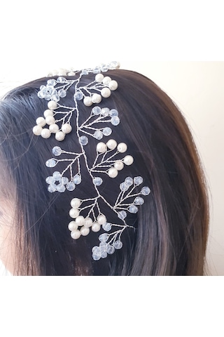 Beyaz Kristal Boncuklu Ve Beyaz Incili Gelin Tacı