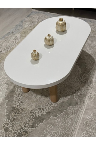 Oval Model 120x60 Cm Kalın Kenarlı Orta Sehpa Ahşap Ayaklı Beyaz