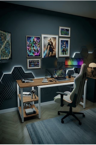 Reflekta Raflı Oyuncu Masası 60x160 Cm. Gaming Masa Demonte Atlantik Çam-beyaz