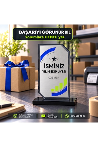 Kişiye Özel Füme Kristal Cam Plaket 12x19 Cm İsimli Ve Tarihli Başarı Ödülü Almera Craft 12 19