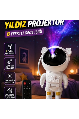 Astronot Yıldız Projektör Lambası 8 Efektli Uzaktan Kumandalı Gece Işığı