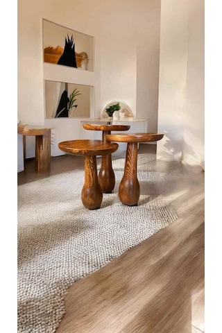Simillo Ahşap Mantar Sehpa 3 Lü Set Açık Ceviz Masif Doğal Yan Sehpa Ve Zig Kod:sml15485120154102 Açık Ceviz