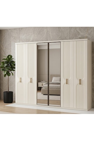 Grand Tamamı Mdf 6 Membranlı Kapaklı Reflekte Camlı Gardırop Dolap Beyaz