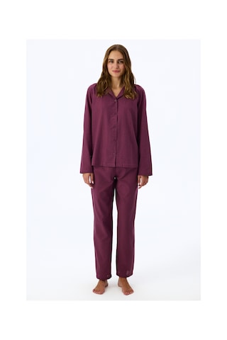 Penti Bordo Lea Çizgili Uzun Kollu Gömlek Pantolon Pijama Takımı