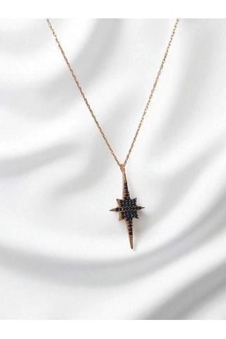 Siyah Taşlı Rose Gold Kaplama 925 Ayar Gümüş Kuzey Yıldızı Kolye Anlamlı Ve Şık Tasarım Gümüş
