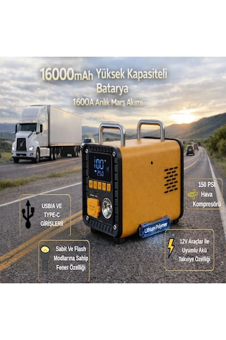 12v 1600a Akü Takviye Cihazı 150 Psı Dijital Kompresörlü Taşınabilir Güç İstasyonu