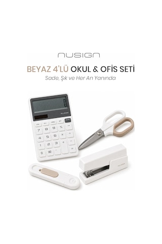 Nusign Hesap Makinesi &zımba & Makas Kırtasiye Seti - Beyaz