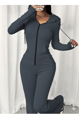 Tua Moda Kadın Uzun Kollu Kapşonlu Bağcıklı Önü Fermuarlı Viskon Iki Iplik Bluz Ve Pantolon Ikili Takım Gri