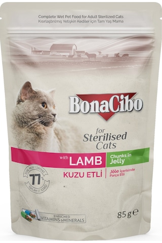Bonacibo Kuzu Etli Jelly Pouch Kısırlaştırılmış Yetişkin Kedi Yaş Maması 12 x 85 G