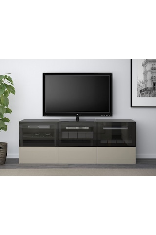 Tv Sehpası, Venge-parlak Cila-bej-şeffaf Cam, 180x40x64 Cm, Selsvıken/glassvık, Fren Raylı Meşe