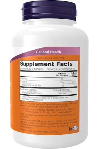 Now Foods Sunflower Lecithin Phospholipids Choline Nervous System Support 1,200 Mg, 100 Softgels