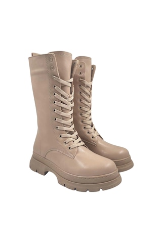 Melen Shoes Panache Suni Bej Kadın Bağcıklı Ve Fermuarlı Çizme Bej