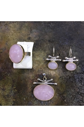 Pembe Kuvars Taşlı Gümüş Set 925 Ayar Takı