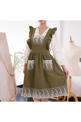 Kadınlar İçin Cepli Vintage Önlükler Sevimli Dantel Fırfır Ayarlanabilir A Ordu Yeşili, Diğer