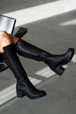 Beyaz Göktem Termo Katmaz Taban Kalın Topuklu Günlük Streç Kadın Çizme Siyah Siyah