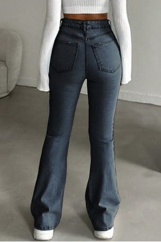 Herton Yüksek Bel İspanyol Paça Jean Pantolon - Eskitme Detaylı Full Pamuklu Flare Denim Göl Mavi