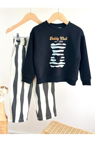Elzo Collection Erkek Çocuk Teddy Baskılı Siyah Sweatshirt Çizgili Siyah Ekru Gabardin Denim Kot Alt Üst Takım Ekru - Siyah