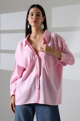 Ribana Classic Tek Cep Modal Oversize Kadın Gömlek Pembe