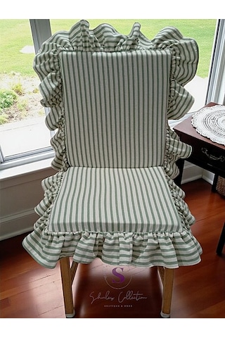 Yeşil Çizgili Buldan Keteni Arkalıklı Fermuarlı Sandalye Minderi Çok Renkli