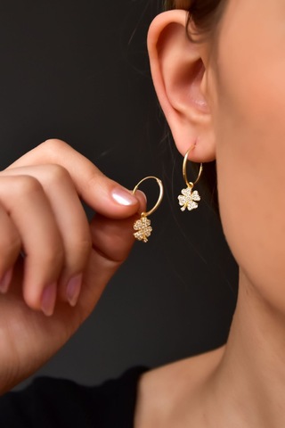 925 Ayar Gümüş Altın Kaplama Zirkon Taşlı Yonca Halka Küpe