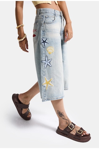 Itsbasic Kadın Kot Rengi 4s6-32 Palazzo Nakış Tasarım Bermuda Denim Jort