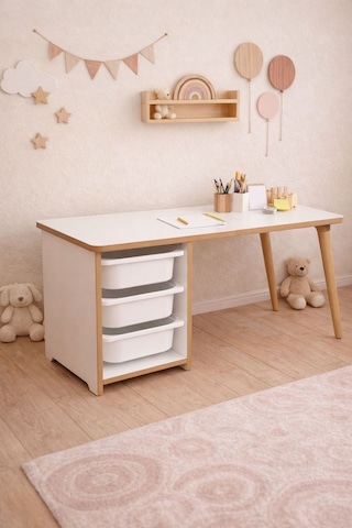 Çocuk Masası 90x45 Cm 3 Sepetli Çocuk Çalışma Masası Aktivite Masası Yaz-sil Beyaz