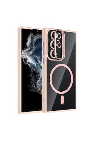 Galaxy Uyumlu S22 Ultra Kılıf Standlı + Kamera Lens Koruma Setli M-safe Şarj Özellikli Mkst Pembe Pembe