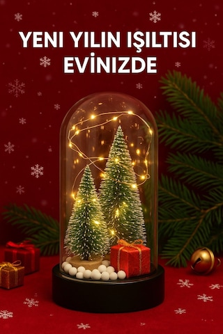 Yeni Yıl Ruhunu Yansıtan Led Işıklı 2 Li Yılbaşı Kar Efektli Çam Ağacı Hediye Paketi Temalı Fanus