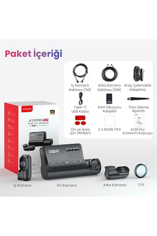 Viofo A139 Pro 3 Kameralı Ön-arka-iç 4k Hdr 5ghz Wifi Gps'li Araç Kamerası