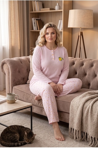 Seboteks Şardonlu İnterlok Kumaş Yakası Düğmeli Kışlık Büyük Beden Kadın Pijama Takımı 2700 Pembe