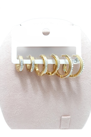 Çelik Küpe 3'lü Zirkon Taşlı Köşeli Halka Model Küpe 4 Mm Kalınlık Altın Sarısı Gold Gold