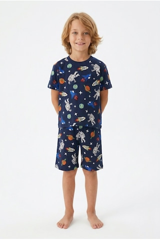 Alkın Kids 3-13 Yaş Erkek Çocuk Gezegen Desenli %100 Pamuklu Kısa Kollu Şortlu Pijama Takımı Lacivert