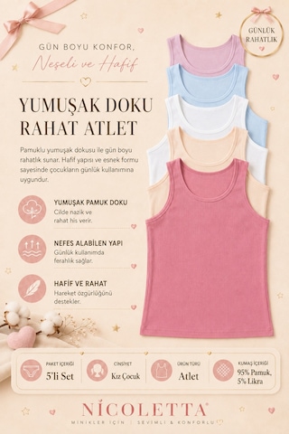 Nicoletta Kız Çocuk Atlet Geniş Askılı 5 Li Paket Likralı Pembe