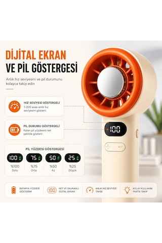 Şarjlı Mini El Vantilatörü Dijital Ekranlı 1-200 Seviyeli Hız Ayarlı Usb-c Şarjlı Taşınabilir Masaüstü Ve E