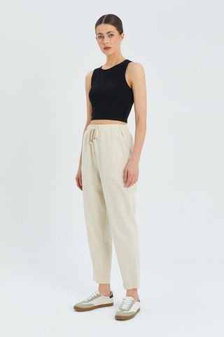 4566 Kadın Lastikli Bel Keten Pantolon Naturel Naturel