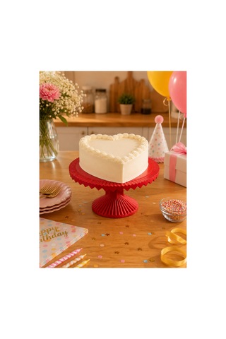 25 Cm Pasta Standı Kalp Desenli - Kurabiye Standı Sunumluk Kek Pasta Kırmızı