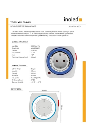 İnoled 3070 Mekanik Priz Tipi Zaman Saati 24 Saat Programlanabilir 16a 3680w
