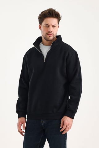 Unisex Sweatshirt Rahat Kesim Pamuklu Içi Polarlı Yarım Fermuarlı Dik Yaka Sweatshirt Siyah