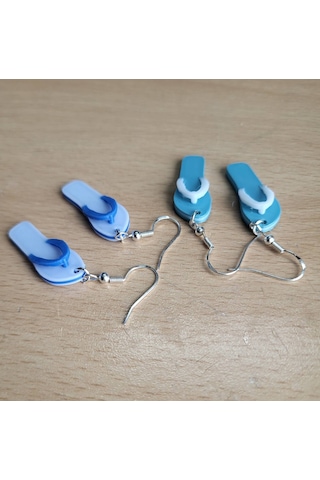 Yazlık Parmak Arası Terlik Flip Flop Küpe Çifti - Mavi Ve Beyaz Renkli Eğlenceli Tasarım Aksesuar Mavi