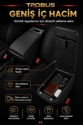 Trobus Isuzu D-max 2002-2026 Uyumlu Ayarlanabilir Ayaklı Kolçak Kol Dayama Bardaklıklı Siyah