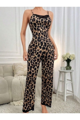 Reka Moda Kadın Ip Askılı Yakası Dantelli Bluz Ve Pijama Sandy Ikili Takım Leopar