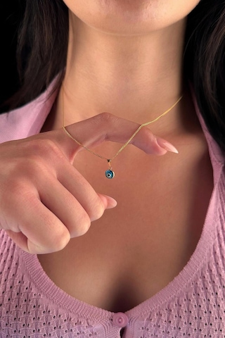 Fiyonk Kuyumculuk 14 Ayar Altın İpek Zincir Mavi Gözlü Nazar Kolye 001