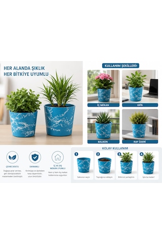 2 Li Seramik Saksı / Modern Dekoratif El Yapımı Tasarım - Mavi Beyaz 2 'li Set -