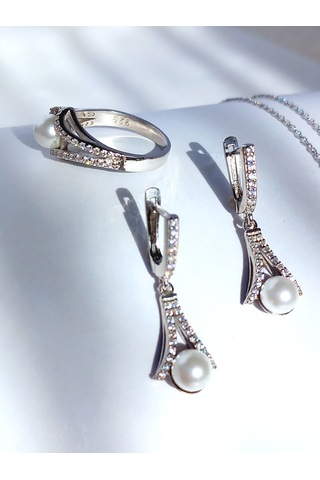 Gümüş Inci Damla V Tasarım Zarif Kadın Kolye Küpe Yüzük Gelin Set