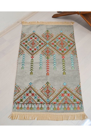 Çeyizlik Hediyelik Seccade Eşarp Tesbih Set Kilim Desenli Kadife Astarlı Seccade, Eşarp, Kristal Tesbih Özel Kutulu Lüks Hediye Seti Gri