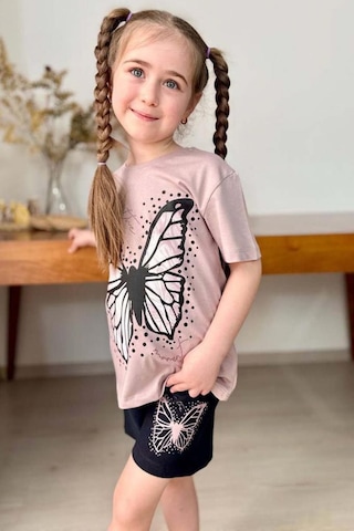 Riccotarz Kız Çocuk Kara Kalem Kelebek Baskılı Penye Pudra T-shirt Şortlu Takım Pudra